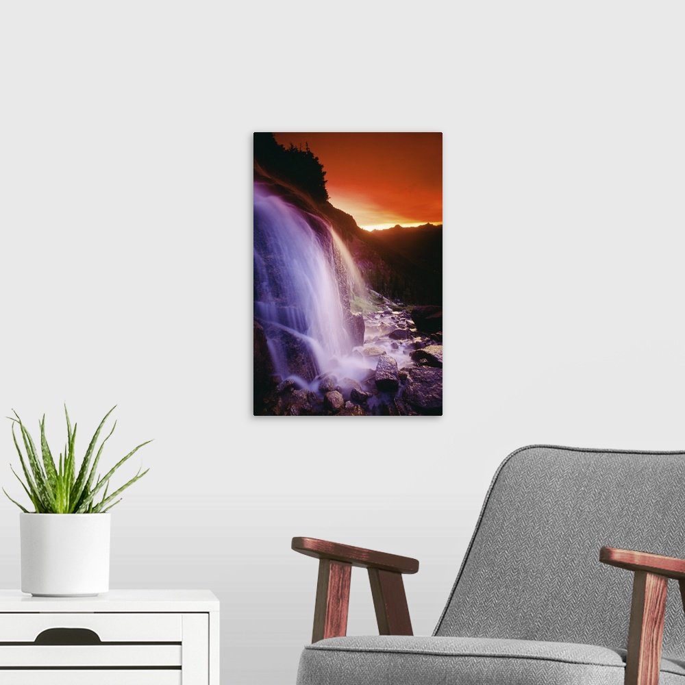 A modern room featuring Waterfall At Sunset, Bugaboo Glacier Provincial Park, British Columbia, Canada