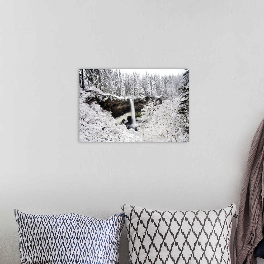 A bohemian room featuring Waterfall In A Snowy Landscape With Frosted Foliage And Snow-Covered Forest