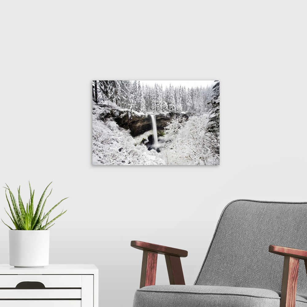 A modern room featuring Waterfall In A Snowy Landscape With Frosted Foliage And Snow-Covered Forest