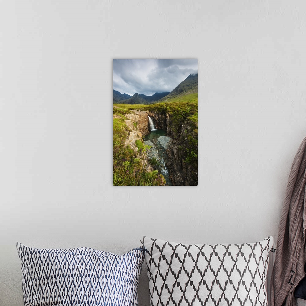 A bohemian room featuring Waterfall in Coire na Creiche  near Glen Brittle with the hills of the Black Cuillin in the backg...