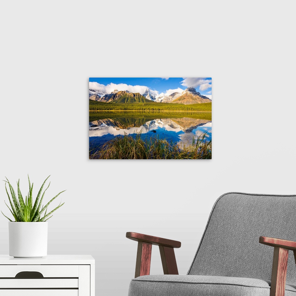 A modern room featuring Waterfowl Lakes And Mount Chephren At Sunrise, Alberta, Canada