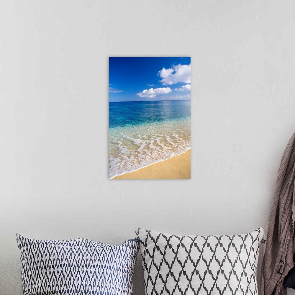 A bohemian room featuring Wave Washes Ashore Onto Sandy Beach, Azure Ocean, Blue Sky