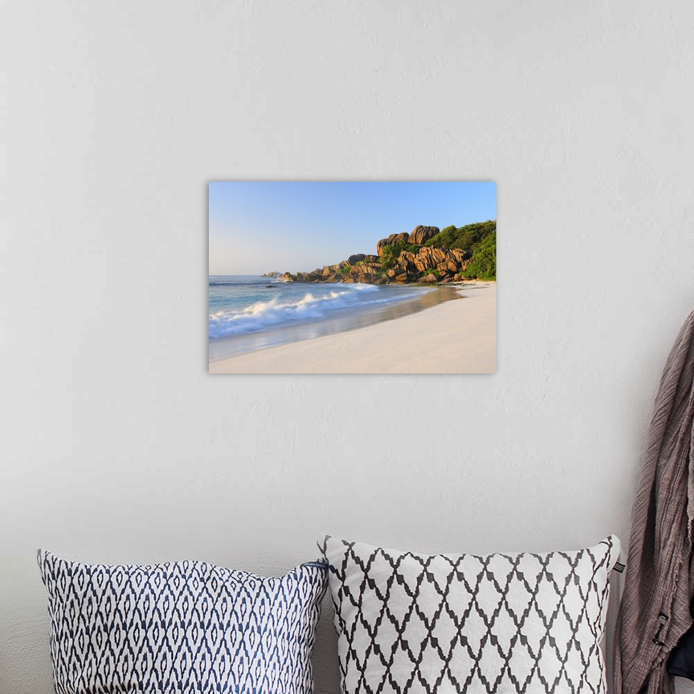 A bohemian room featuring Waves hitting Beach, Grand Anse in Morning, La Digue, Seychelles