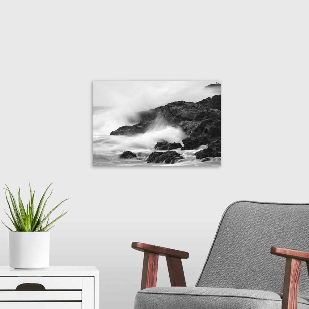 A modern room featuring Waves On Rocky Shoreline, Long Beach, British Columbia, Canada