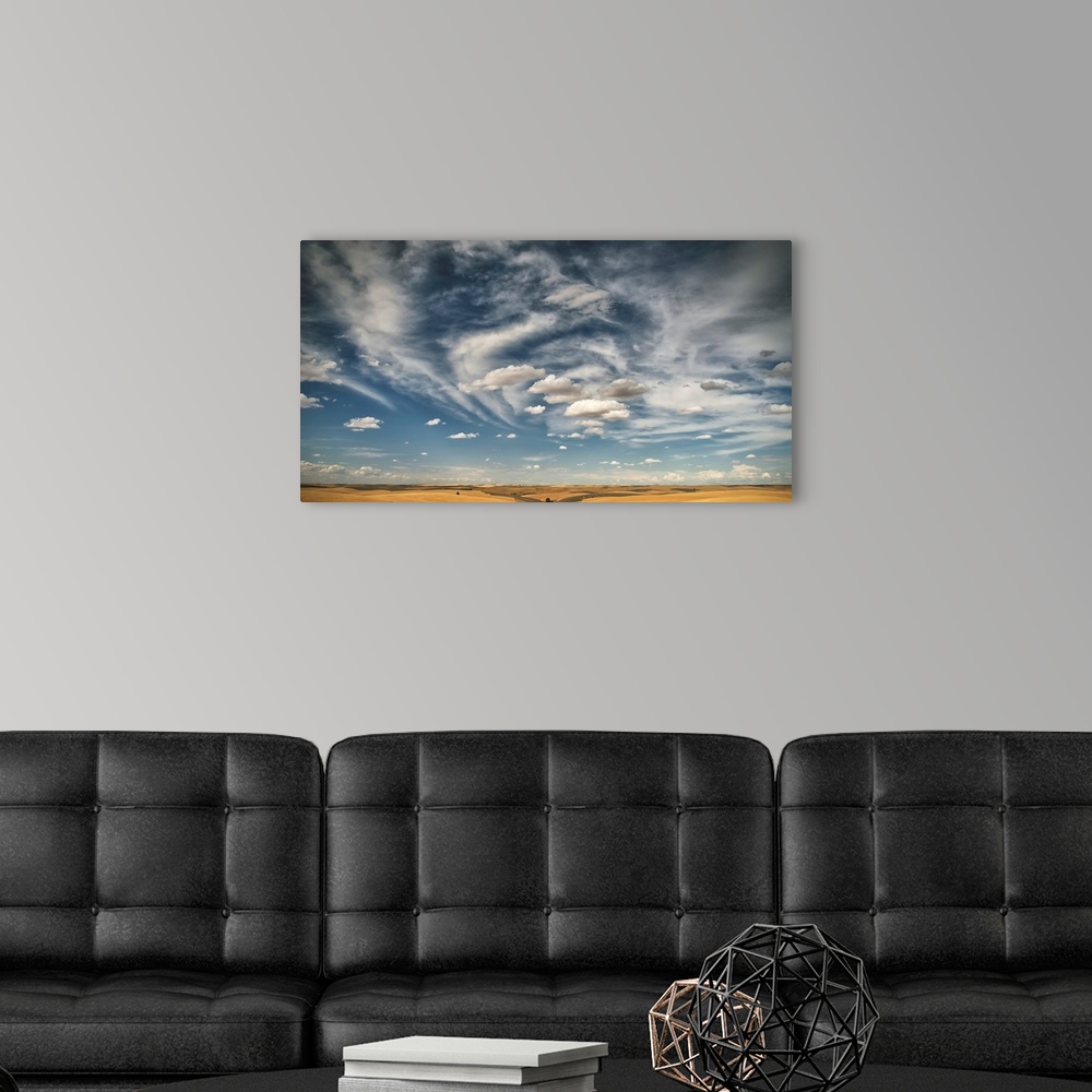 A modern room featuring Wheat field under a blue sky with cloud, Palouse, Washington, United States of America.