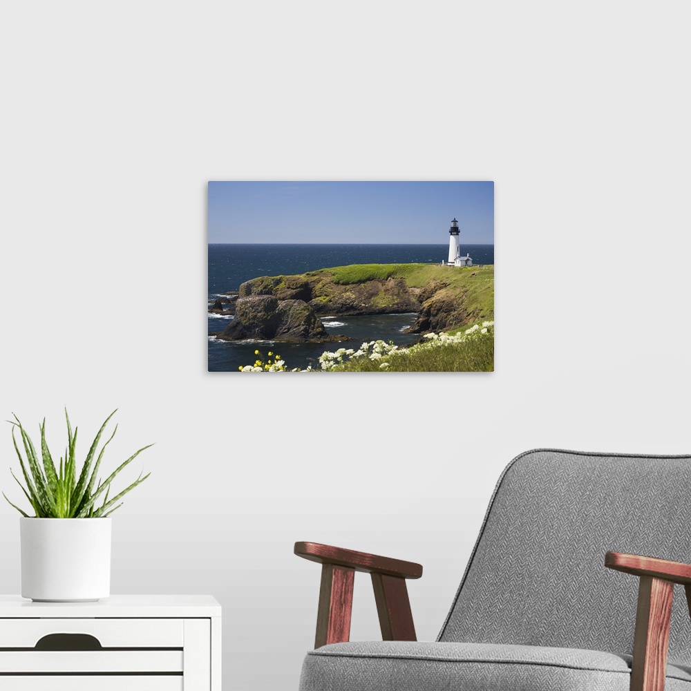 A modern room featuring White Lighthouse On The Ocean With Wildflowers; Newport, Oregon, USA