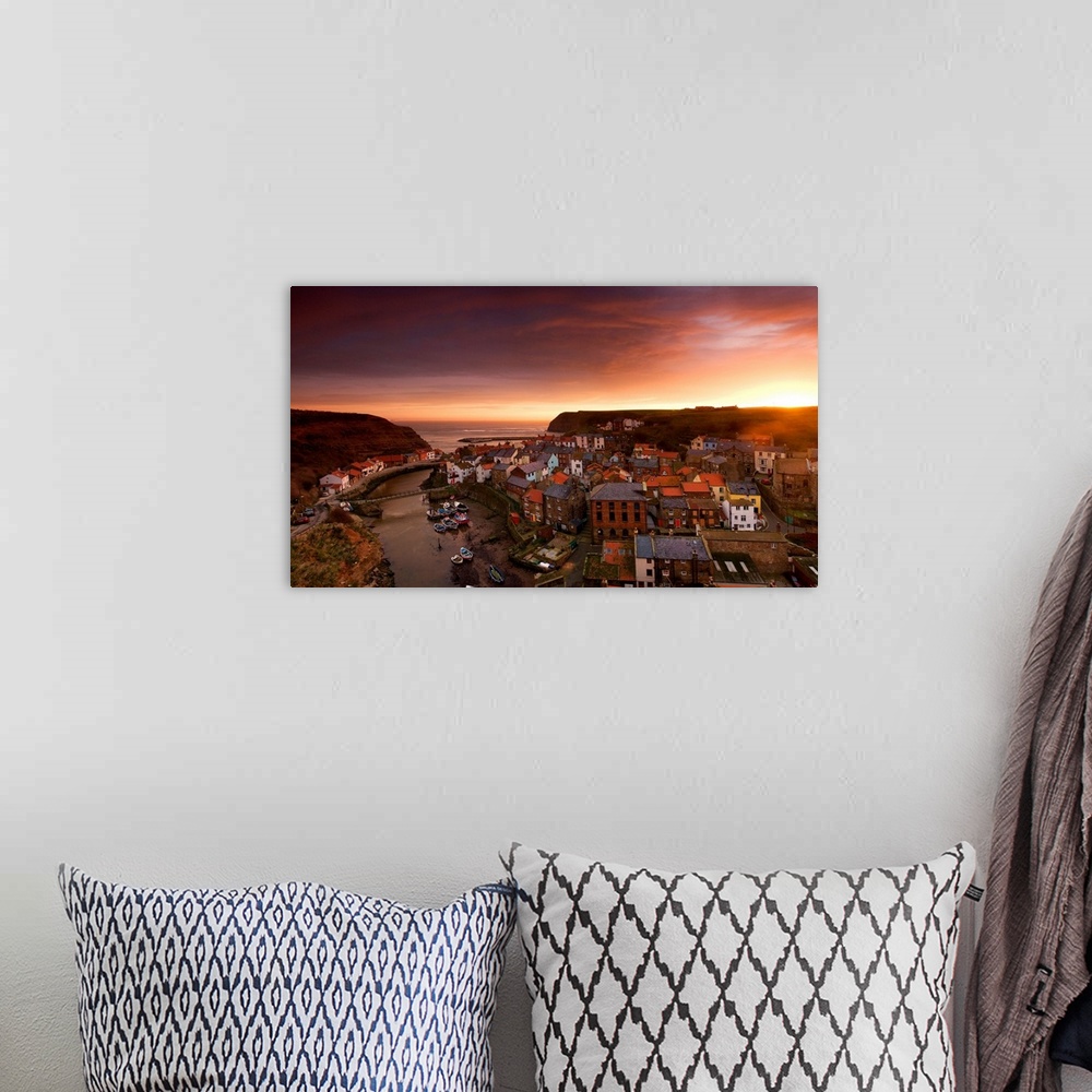 A bohemian room featuring Wide Angle Cityscape At Sunset, Staithes, Yorkshire, England
