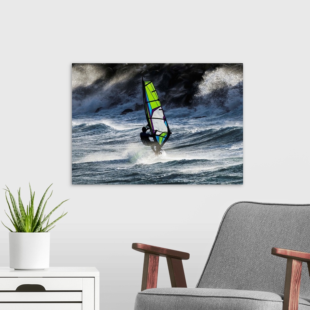 A modern room featuring Windsurfer in the waves. Tarifa, Cadiz, Andalusia, Spain.