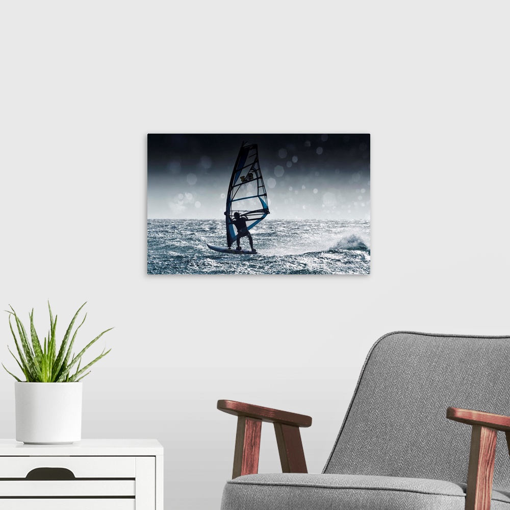 A modern room featuring Windsurfing With Water Drops On Camera Lens, Tarifa, Andalusia, Spain