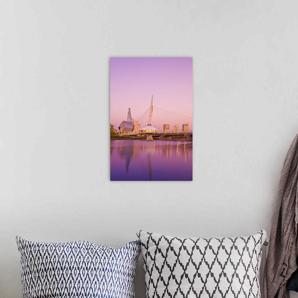 A bohemian room featuring Winnipeg skyline from St. Boniface showing the Red River, Esplanade Riel Bridge and Canadian Muse...