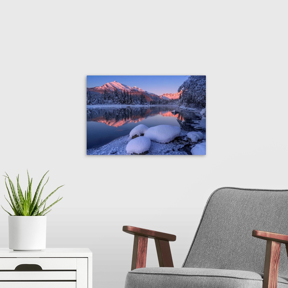 A modern room featuring Winter afternoon along the shoreline of Mendenhall River, Tongass National Forest; Juneau, Alaska...