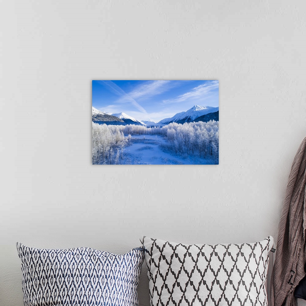 A bohemian room featuring Winter scenic of mountains peaks and valley in Alaska, Portage Valley in South-central Alaska; An...
