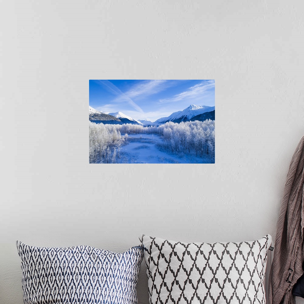 A bohemian room featuring Winter scenic of mountains peaks and valley in Alaska, Portage Valley in South-central Alaska; An...