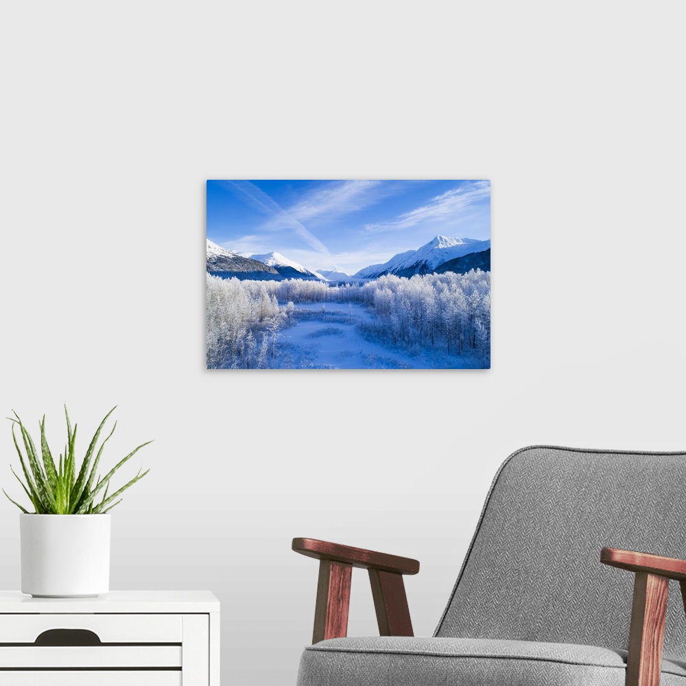 A modern room featuring Winter scenic of mountains peaks and valley in Alaska, Portage Valley in South-central Alaska; An...