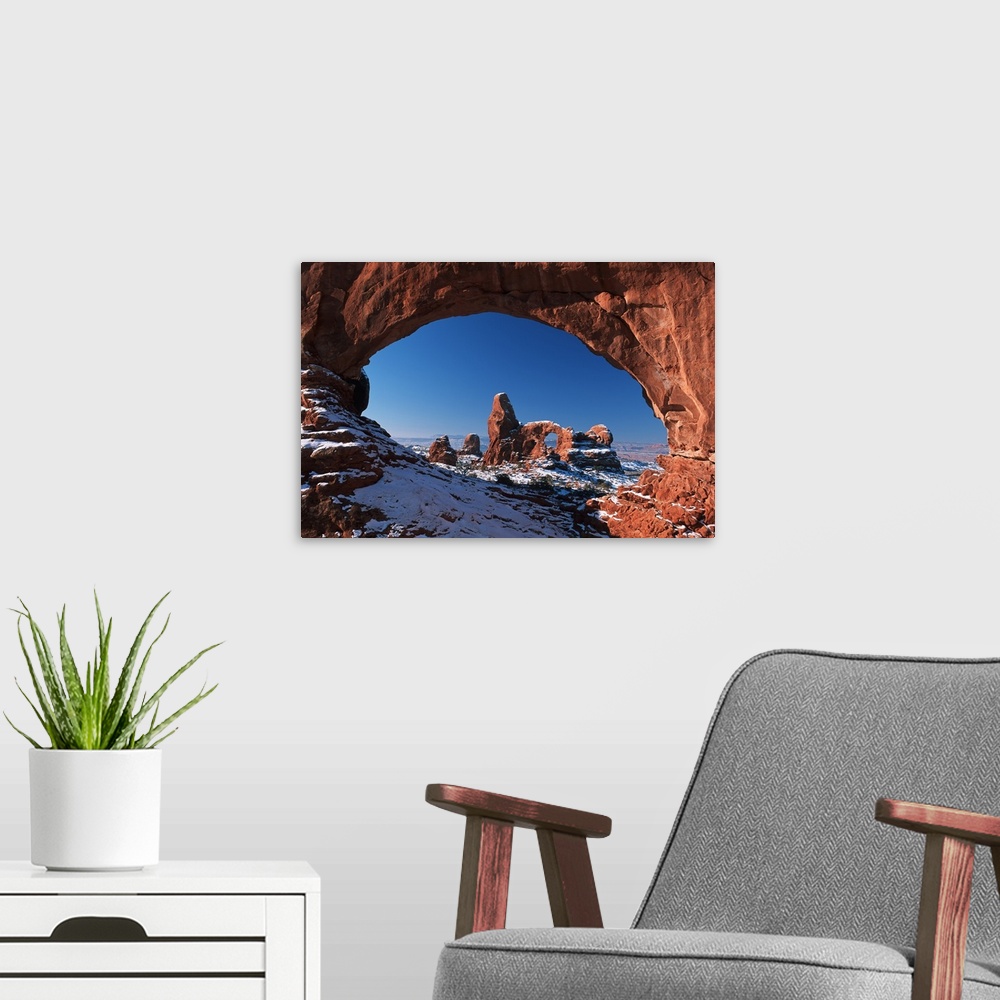 A modern room featuring Winter Snow Covers Turret Arch At Arches National Park; Utah