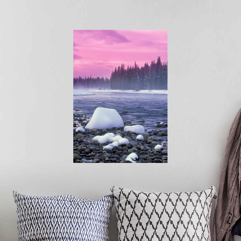 A bohemian room featuring Winter Sunset On Bow River, Banff National Park, Alberta, Canada