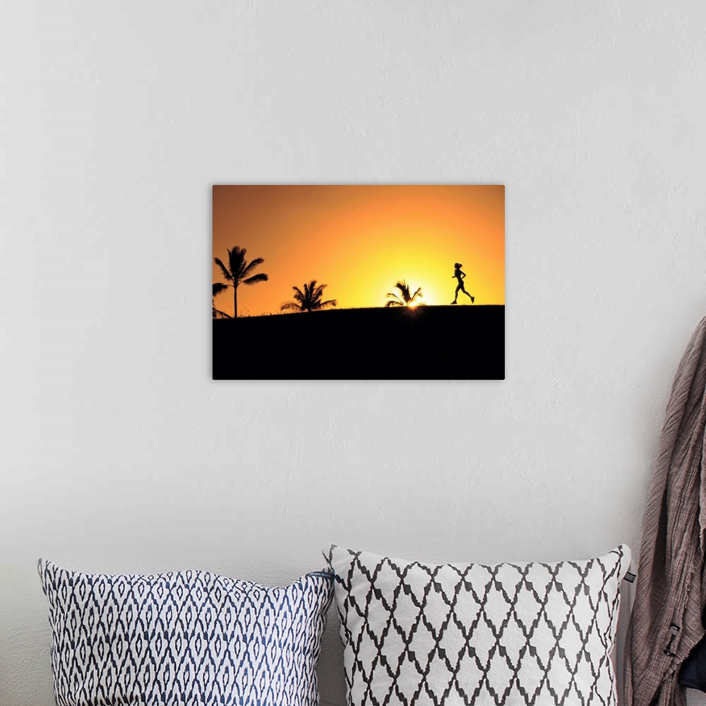 A bohemian room featuring Woman In Distance, Silhouetted Running At Sunset, Palm Trees