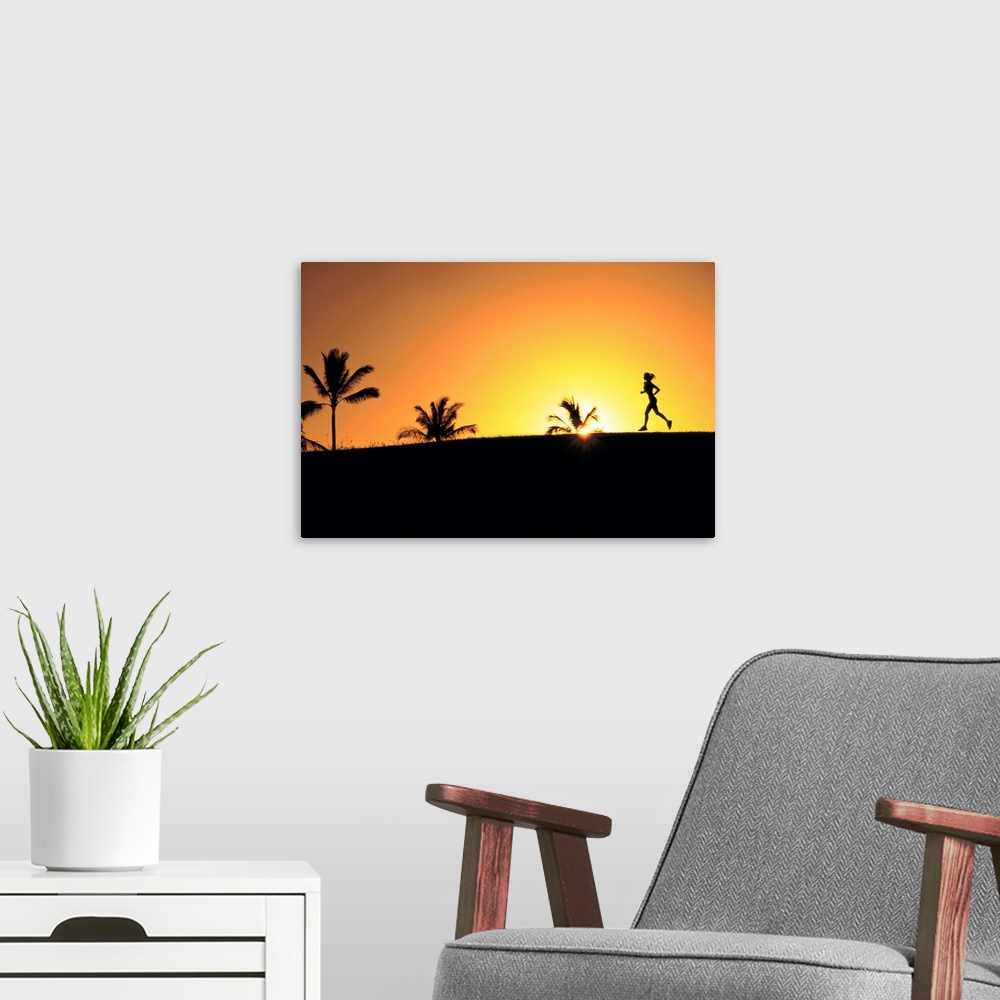A modern room featuring Woman In Distance, Silhouetted Running At Sunset, Palm Trees