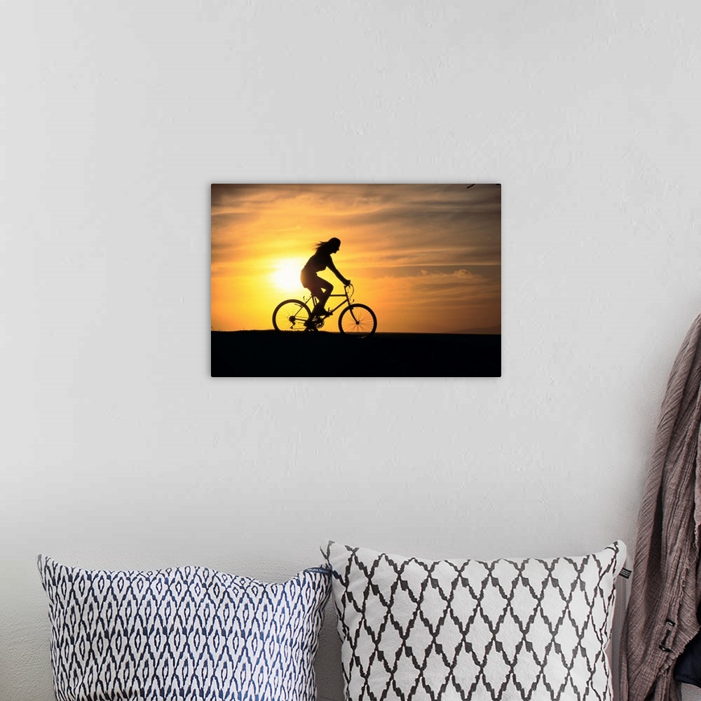 A bohemian room featuring Woman Rides Mountain Bicycle Silhouetted At Sunset