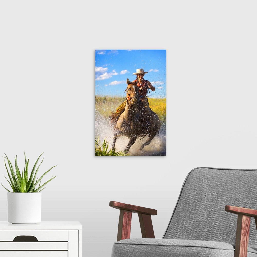 A modern room featuring Woman Riding A Horse
