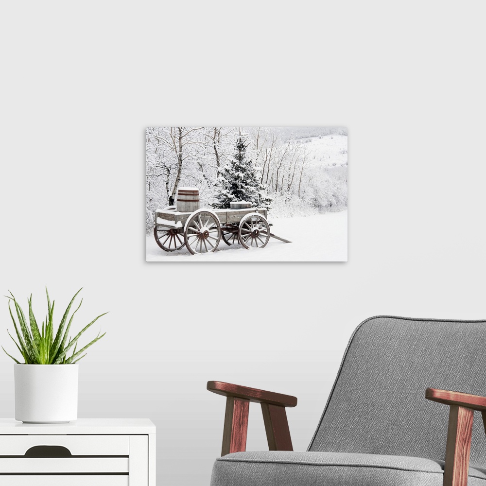 A modern room featuring Wooden Wagon And Trees Covered In Snow, Alberta, Canada