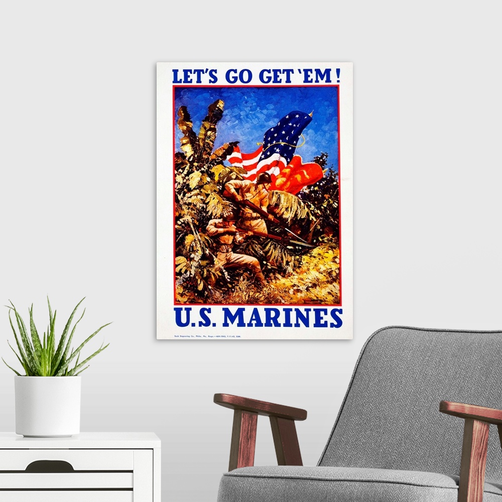 A modern room featuring This World War II recruiting poster shows marines bearing rifles with bayonets in a jungle: 'Let'...