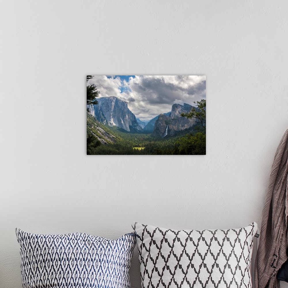 A bohemian room featuring Clouds move over Yosemite Valley, with Bridalveil Falls on the right and El Capitan on the left, ...