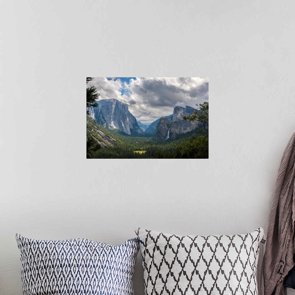 A bohemian room featuring Clouds move over Yosemite Valley, with Bridalveil Falls on the right and El Capitan on the left, ...