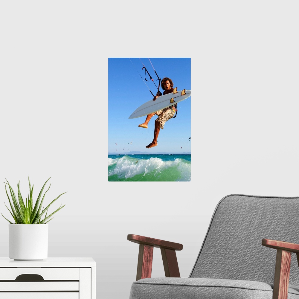 A modern room featuring Young Man Kite Surfing, Costa De La Luz, Andalusia, Spain
