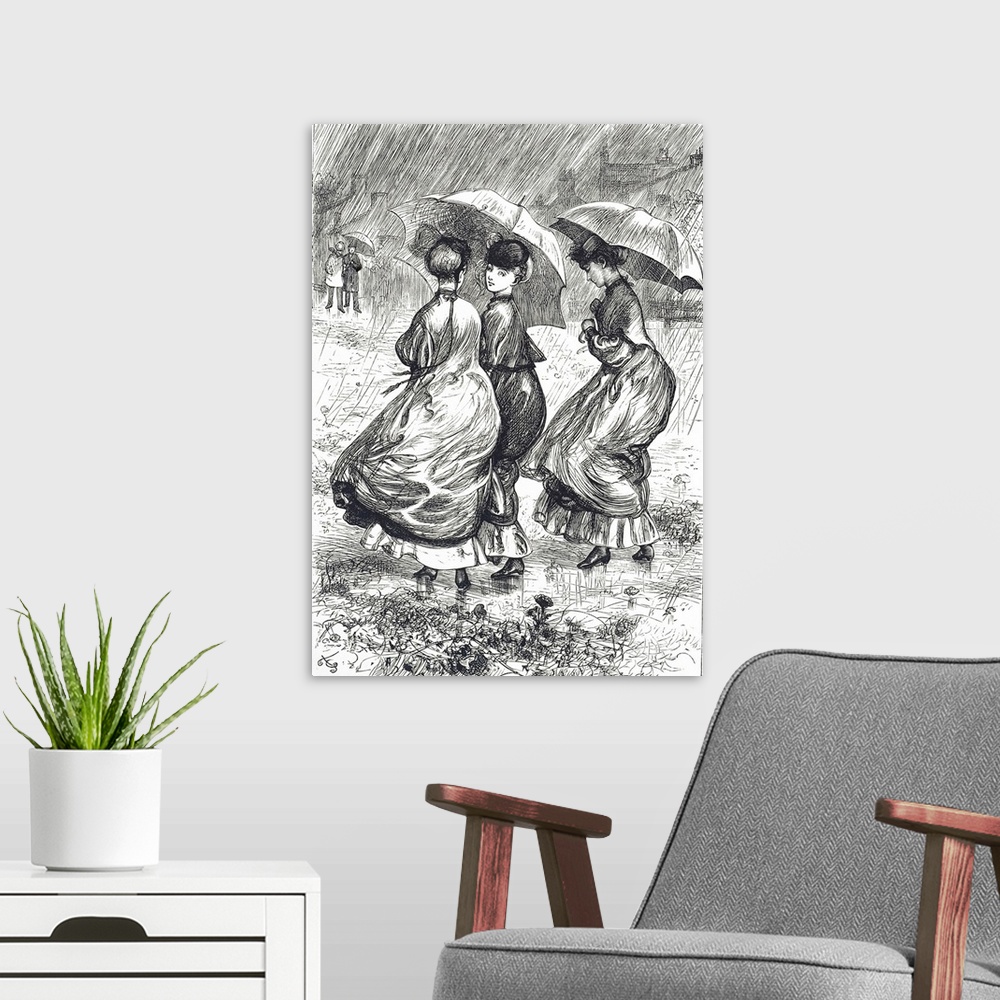 A modern room featuring Engraving depicting young women huddling under umbrellas during a rain storm. Illustrated by Gord...