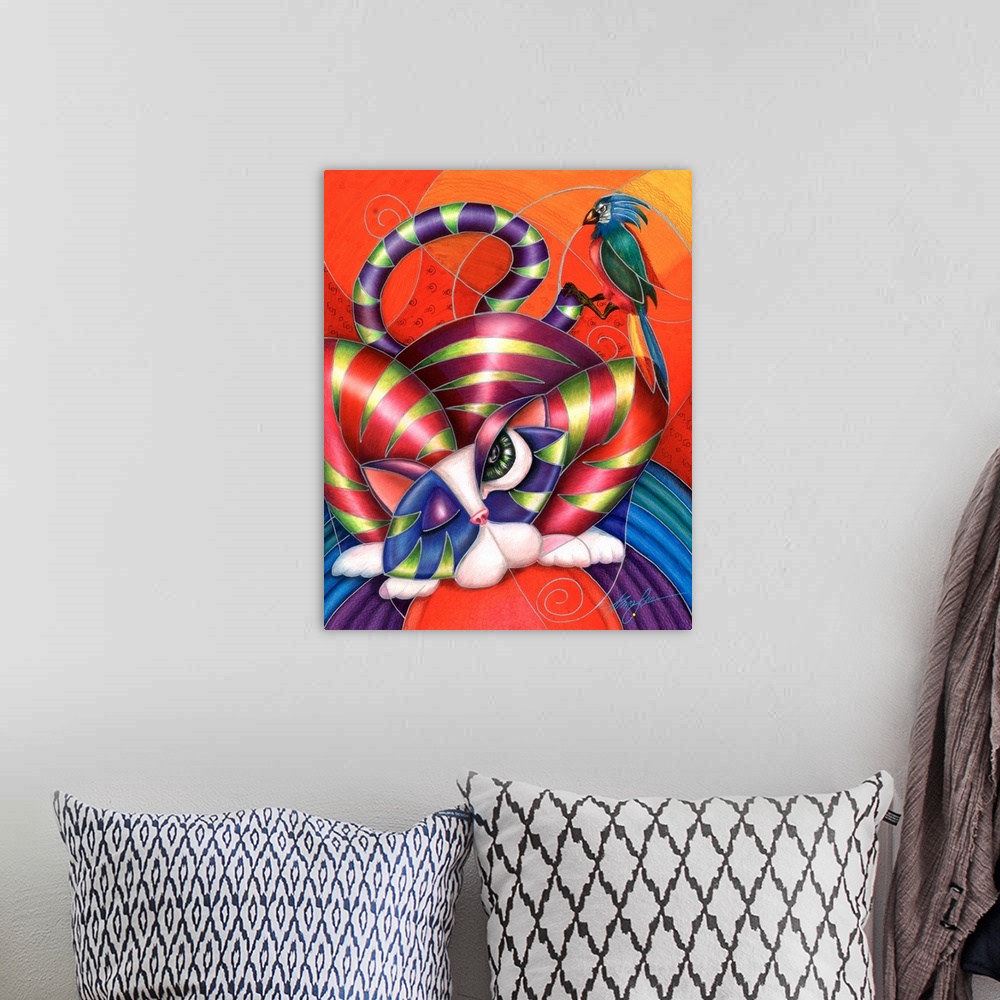 A bohemian room featuring Contemporary artwork in the style of cubism of a stretching cat with a bird in bold colors.