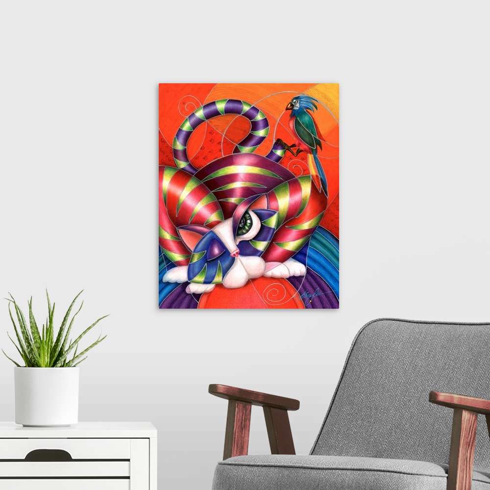 A modern room featuring Contemporary artwork in the style of cubism of a stretching cat with a bird in bold colors.