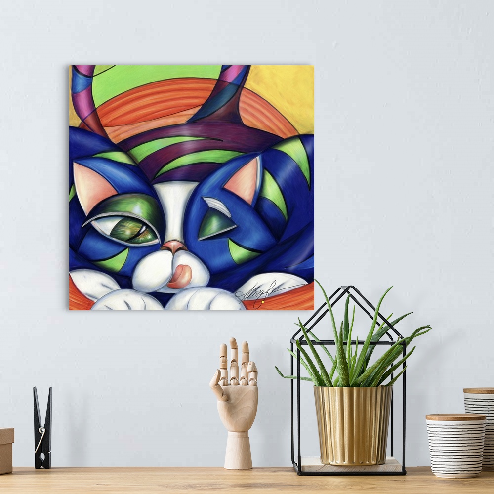 A bohemian room featuring Contemporary artwork in the style of cubism of a crouching cat in bold colors.
