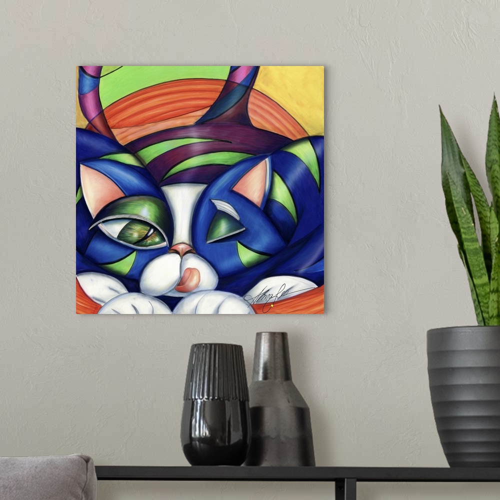 A modern room featuring Contemporary artwork in the style of cubism of a crouching cat in bold colors.