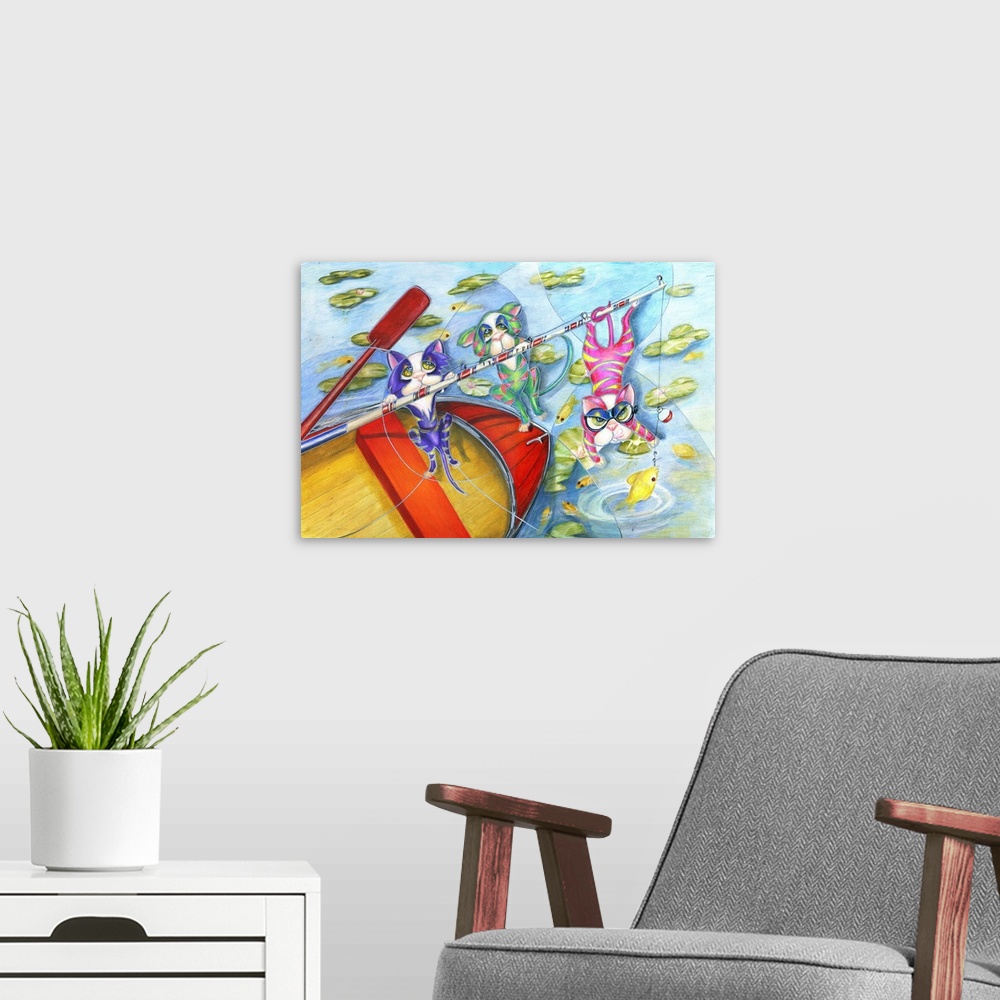 A modern room featuring Contemporary artwork in the style of cubism of three cats on a boat in bold colors.