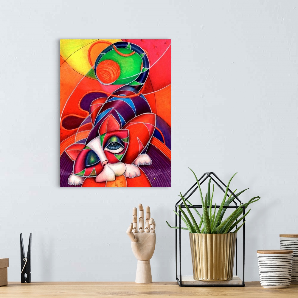 A bohemian room featuring Contemporary artwork in the style of cubism of a stretching cat in bold colors.