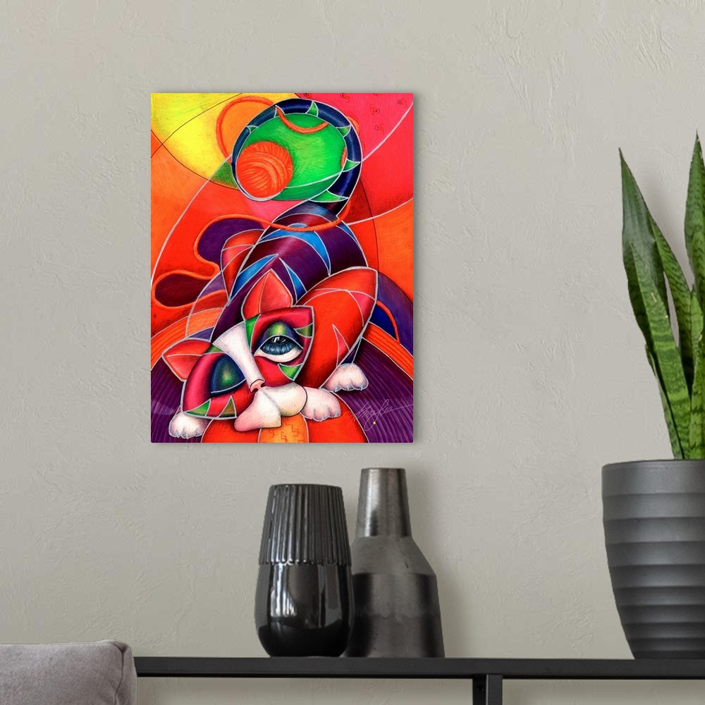 A modern room featuring Contemporary artwork in the style of cubism of a stretching cat in bold colors.