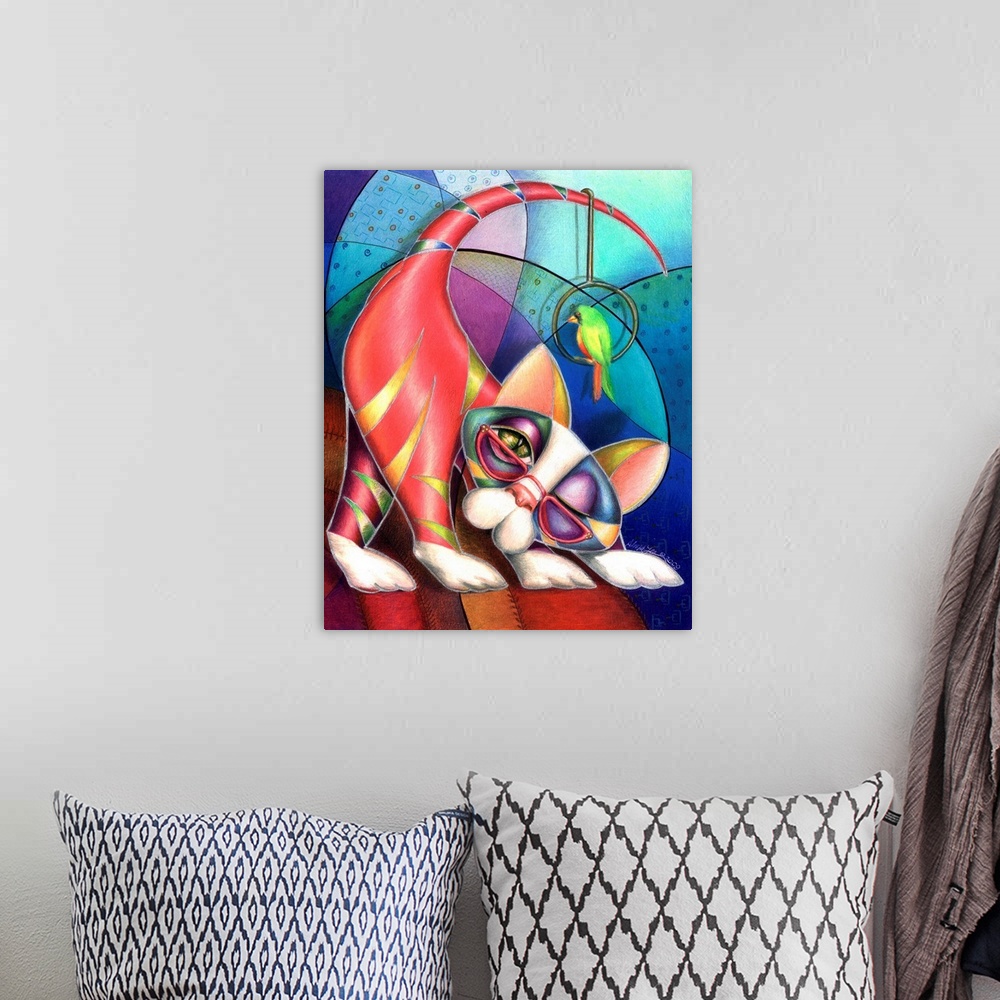 A bohemian room featuring Contemporary artwork in the style of cubism of a cat with a bird in bold colors.