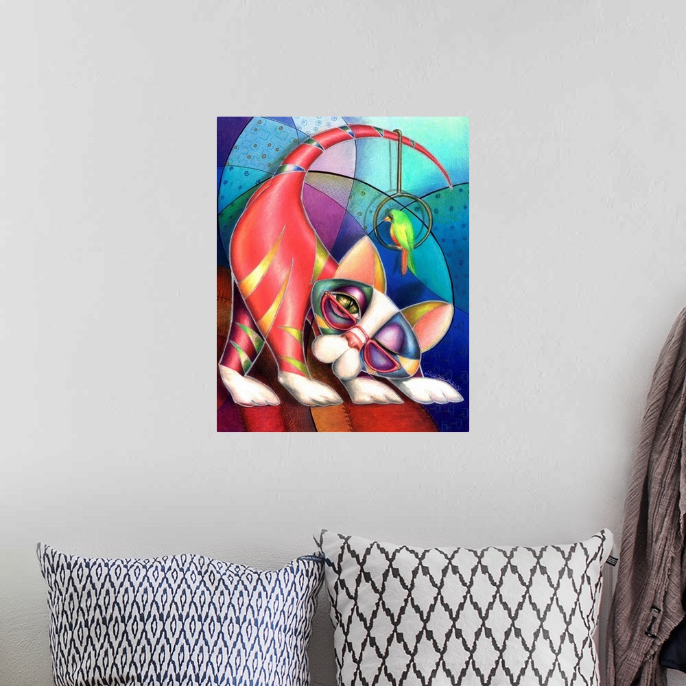 A bohemian room featuring Contemporary artwork in the style of cubism of a cat with a bird in bold colors.