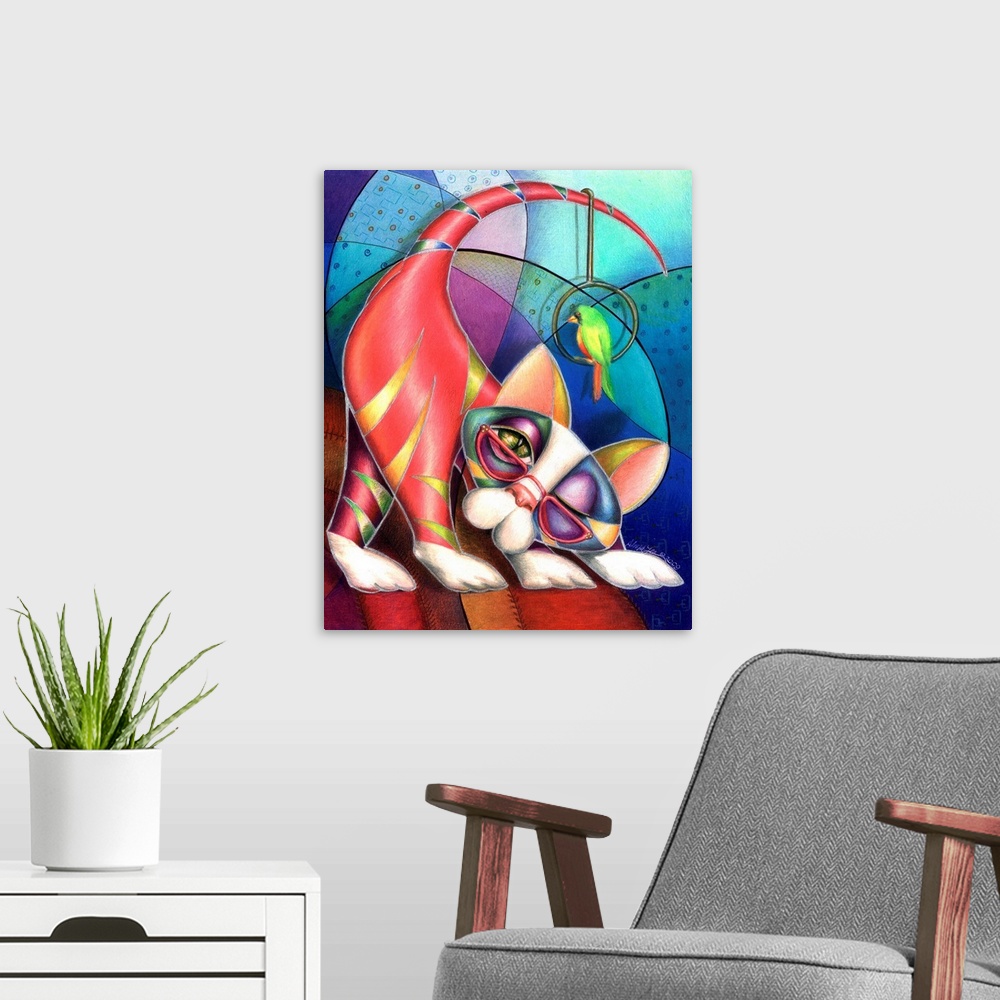 A modern room featuring Contemporary artwork in the style of cubism of a cat with a bird in bold colors.