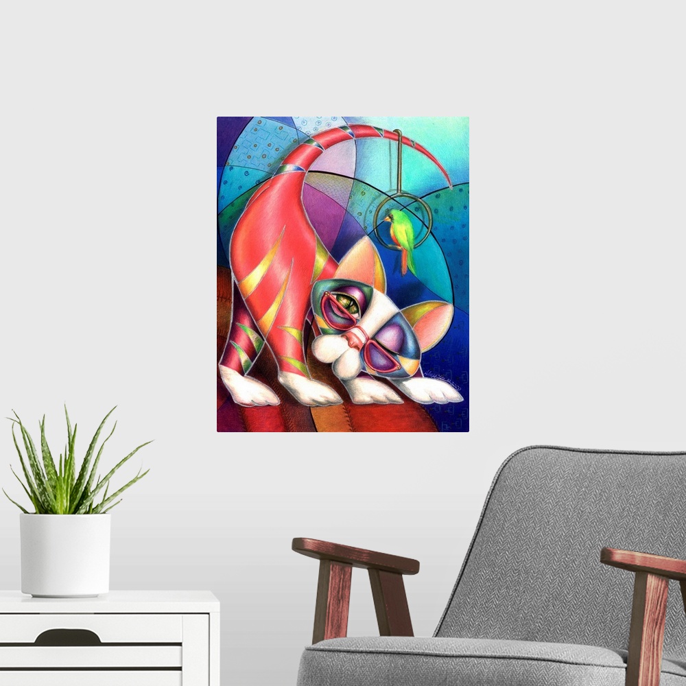A modern room featuring Contemporary artwork in the style of cubism of a cat with a bird in bold colors.