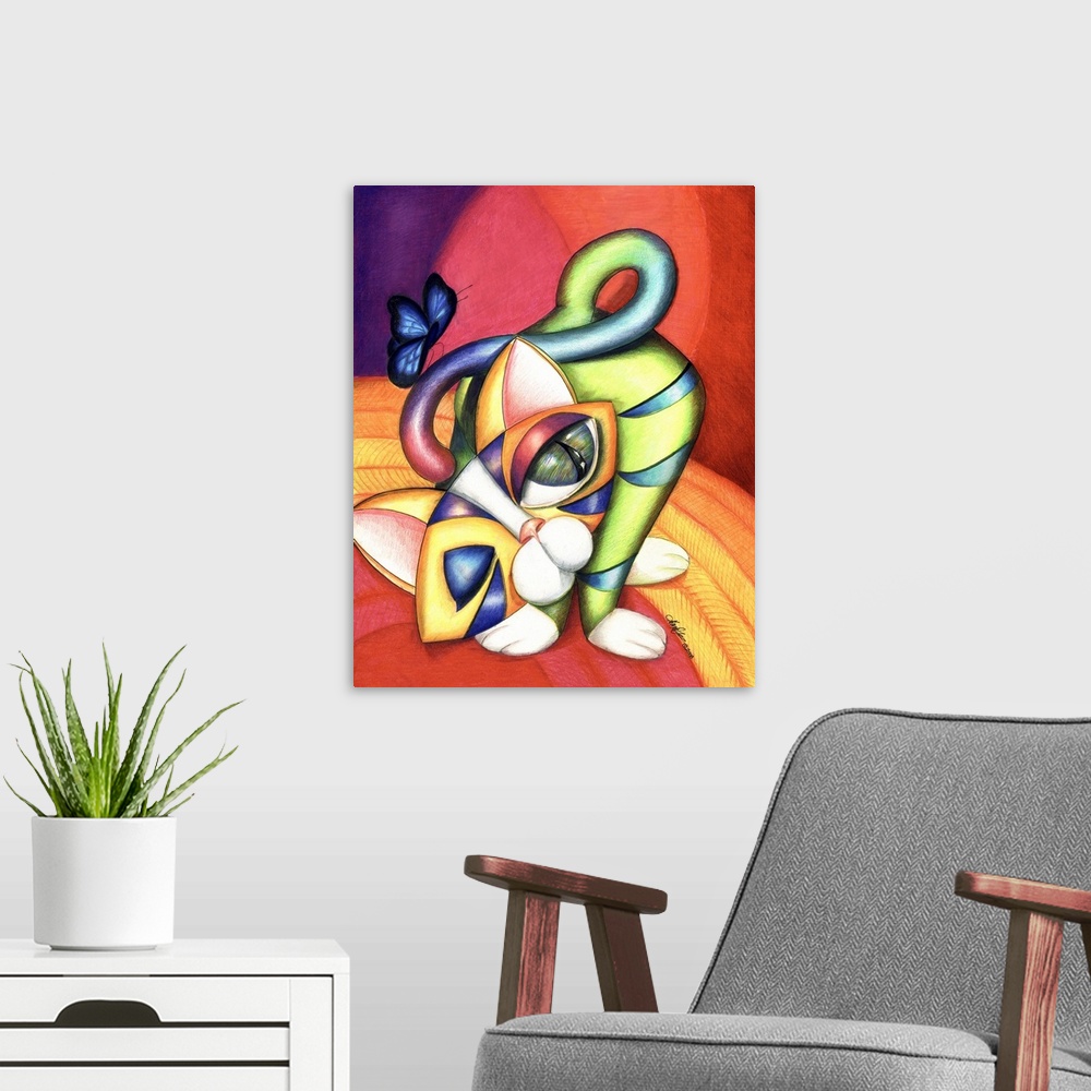 A modern room featuring Contemporary artwork in the style of cubism of a cat with a butterfly in bold colors.