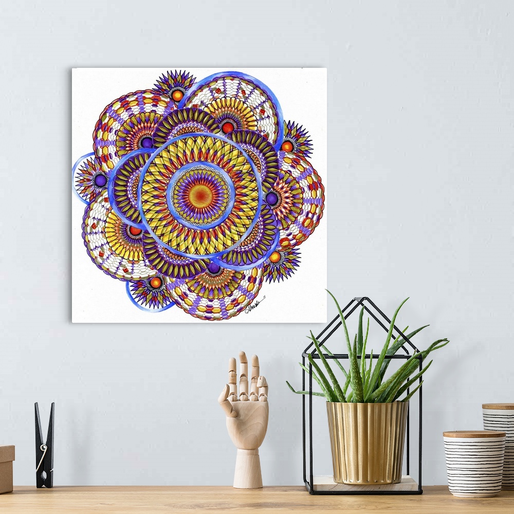 A bohemian room featuring A colorful square spiral graph in a floral shape in colors of yellow and blue.