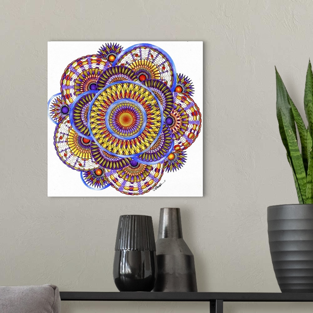 A modern room featuring A colorful square spiral graph in a floral shape in colors of yellow and blue.