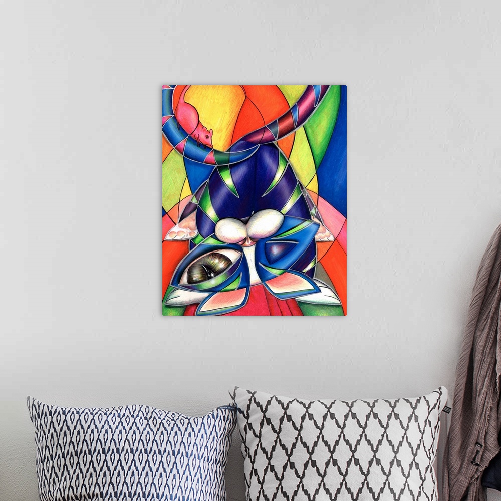 A bohemian room featuring Contemporary artwork in the style of cubism of a cat with a mouse in bold colors.
