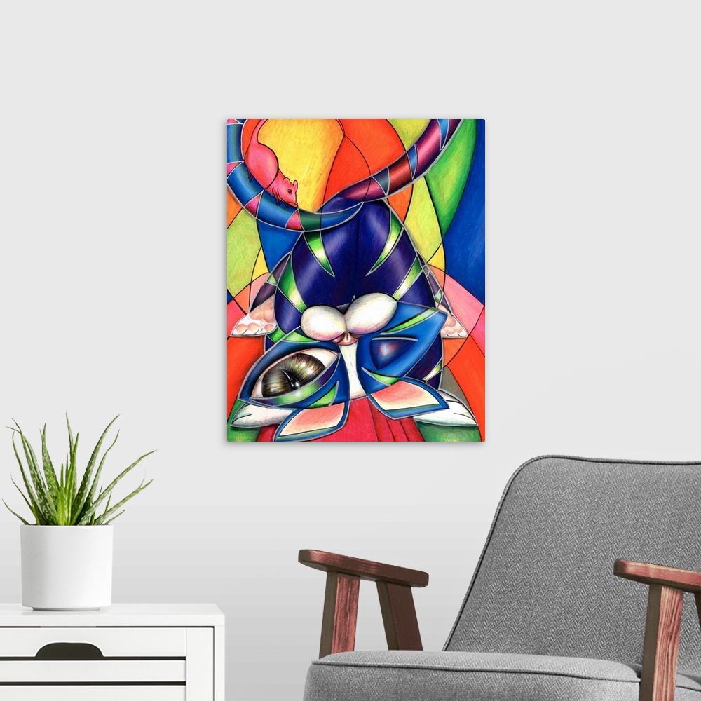 A modern room featuring Contemporary artwork in the style of cubism of a cat with a mouse in bold colors.