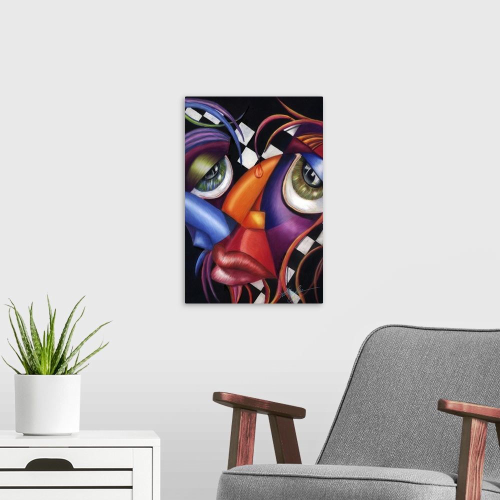 A modern room featuring Contemporary artwork in the style of cubism of a face in bold colors.