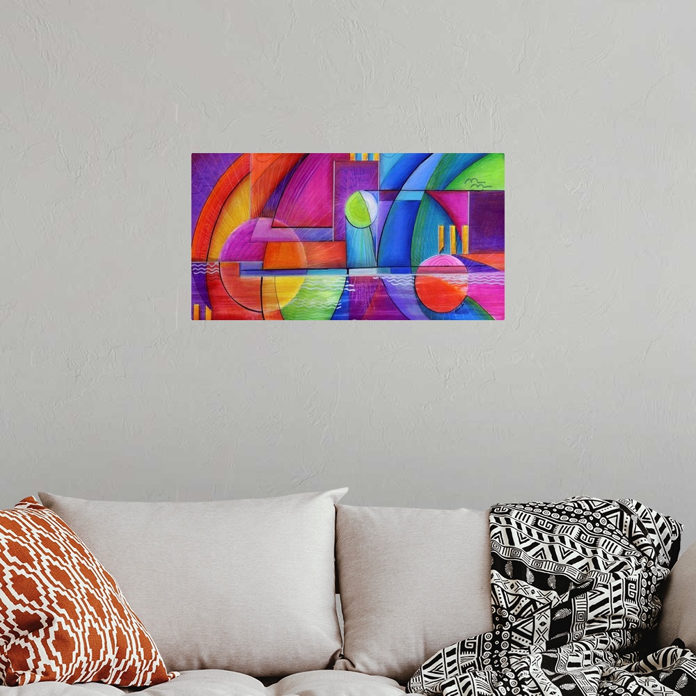 A bohemian room featuring Horizontal abstract painting of vibrant colored shapes in circles and triangles.