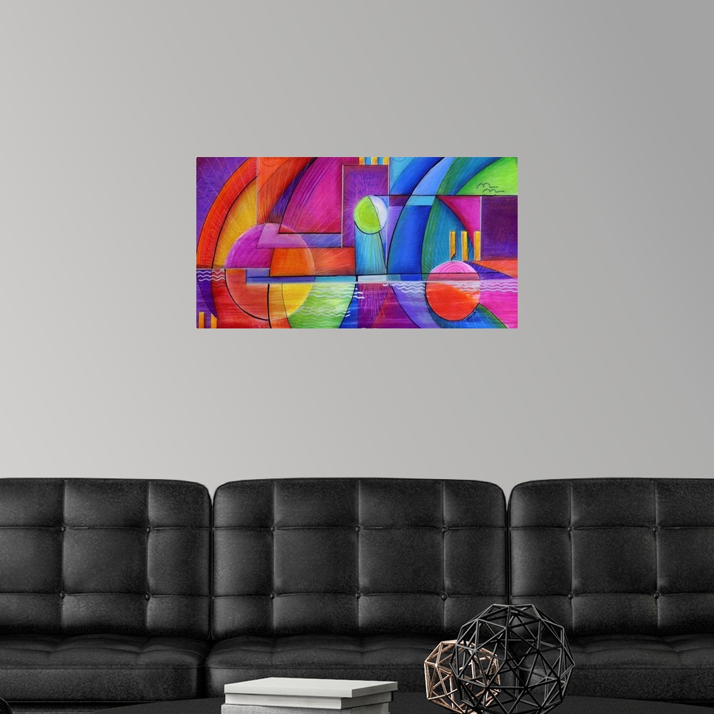 A modern room featuring Horizontal abstract painting of vibrant colored shapes in circles and triangles.