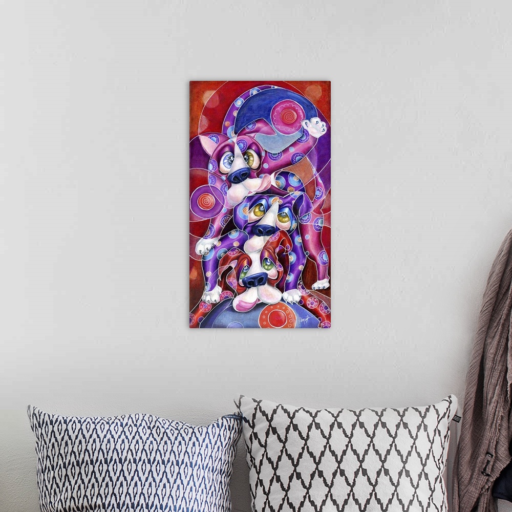 A bohemian room featuring Contemporary artwork in the style of cubism of three dogs in bold colors.